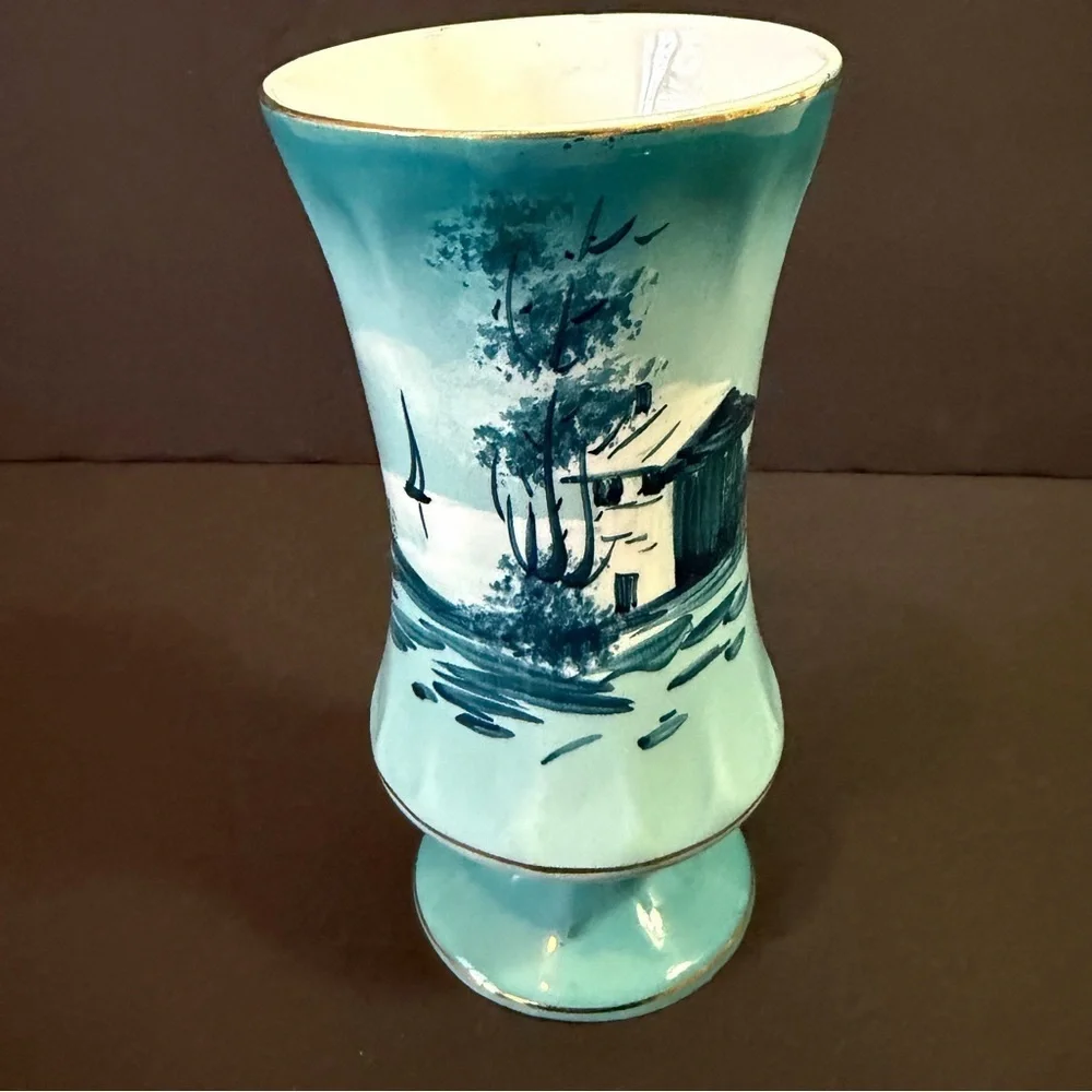 Nautical Porcelain Vase Portugal Teal Blue Sailboat Hand Painted Mid Century H h